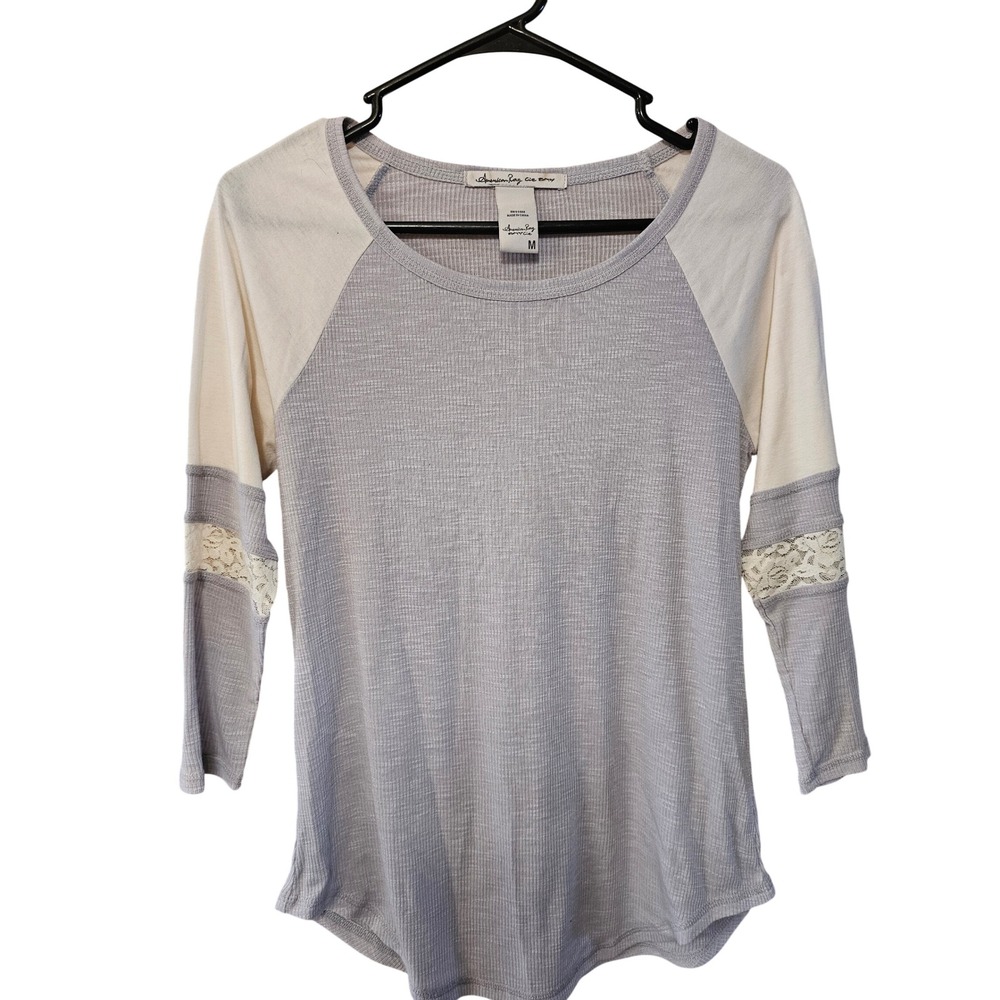 American Rag Womens Thermal Knit Raglan Top Lavender Lace Sleeve RN44480 Medium